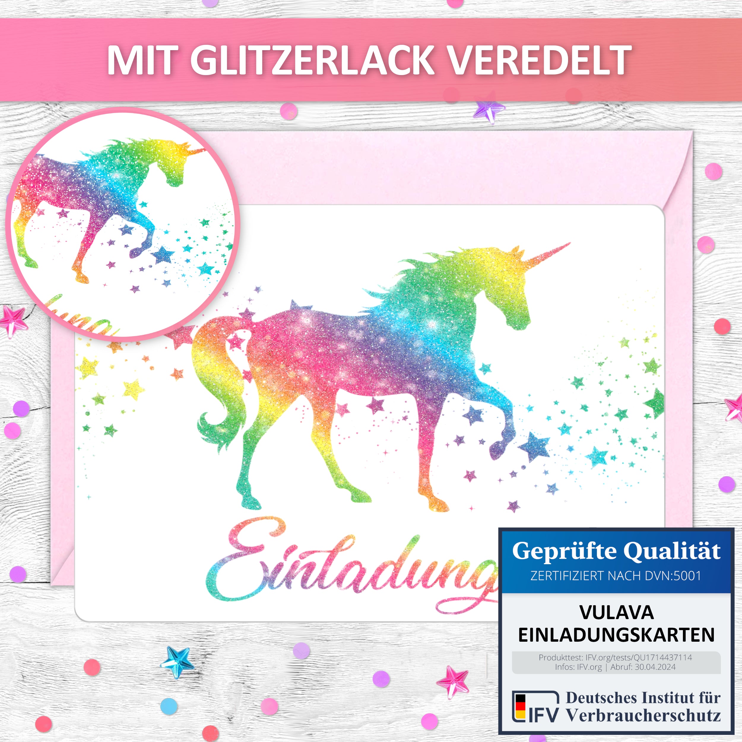 Einhorn Glitzer Einladungskarten | Vulava®