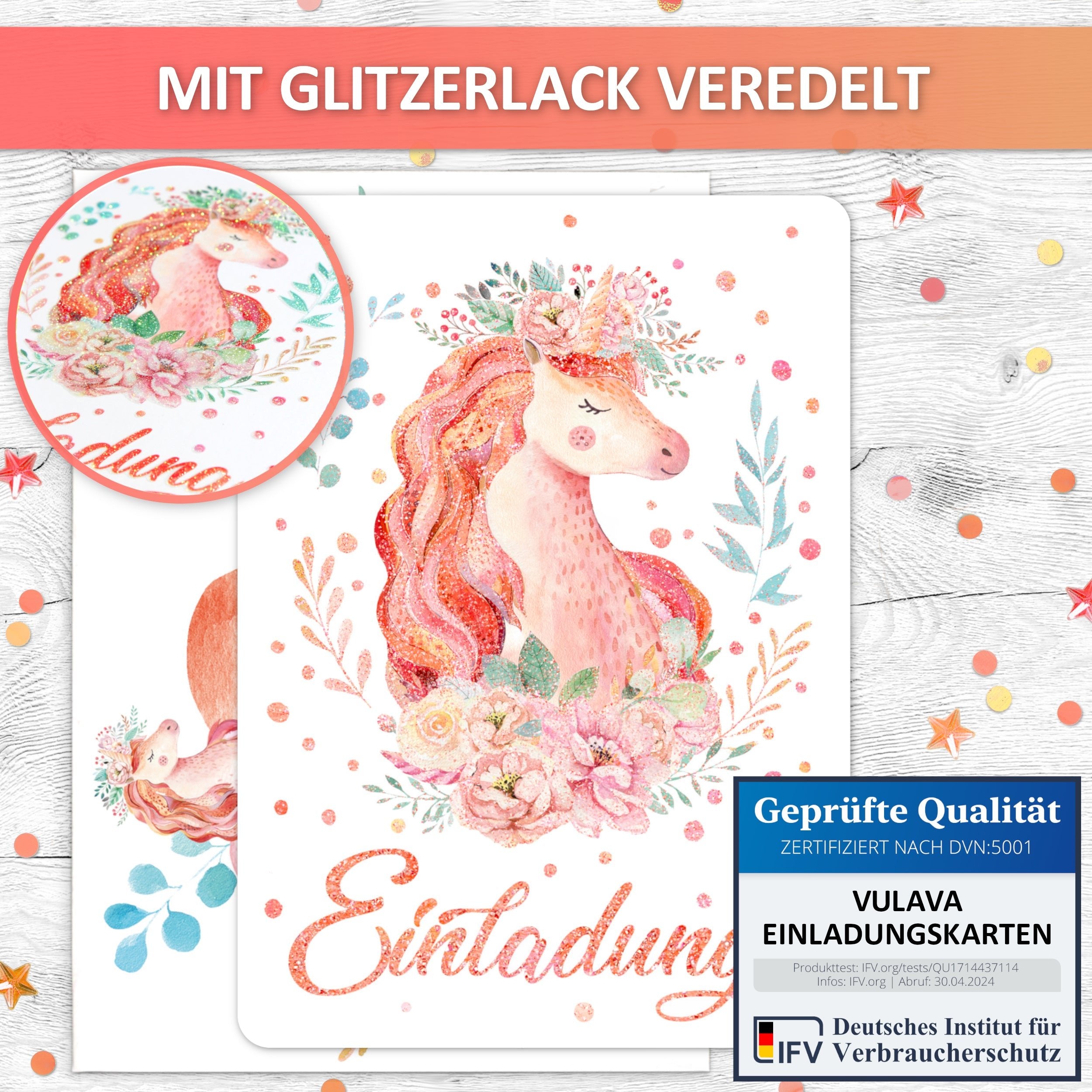 Einhorn Einladungskarten - Glitzerrosé | Vulava®