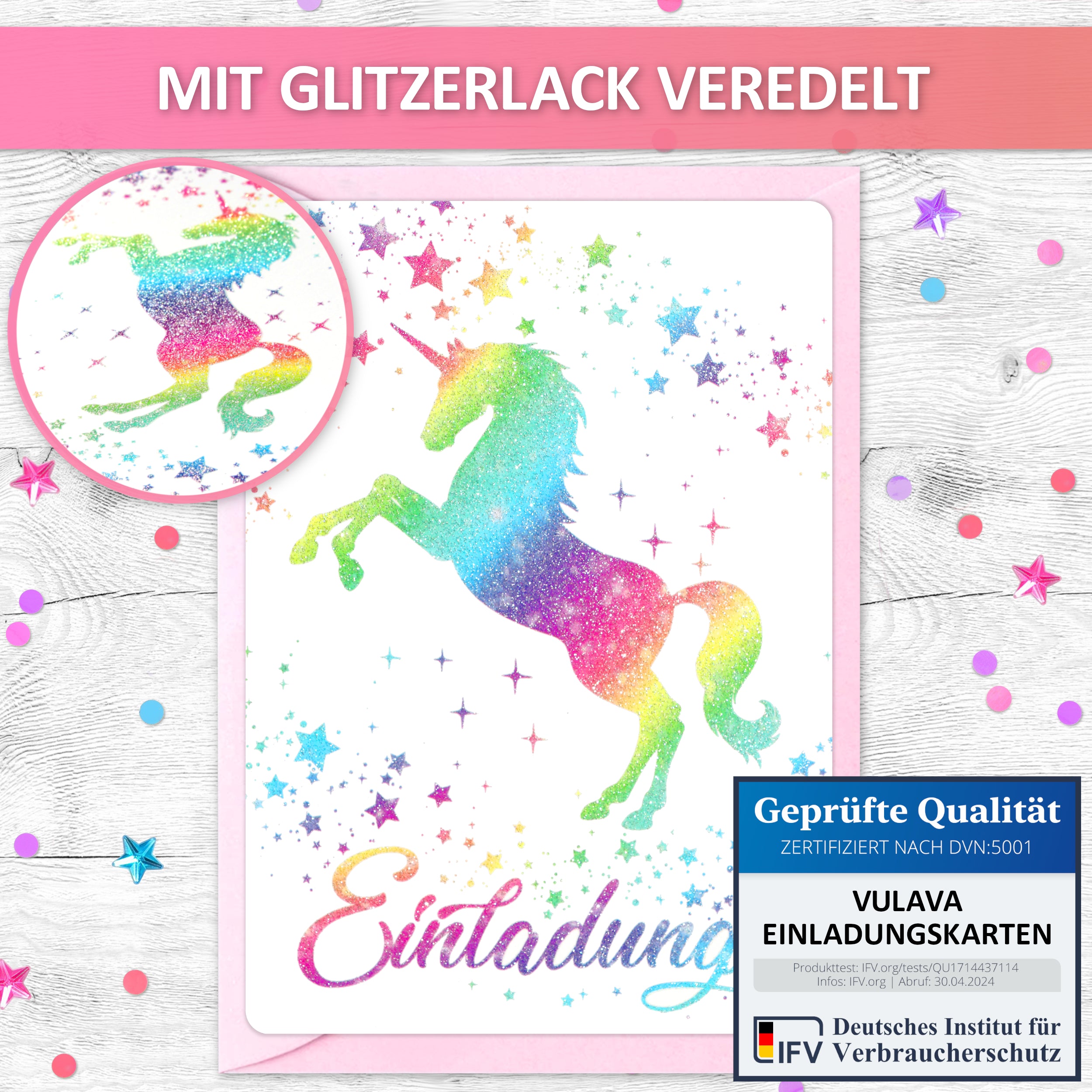 Glitzer Einhorn Einladungskarten | Vulava®