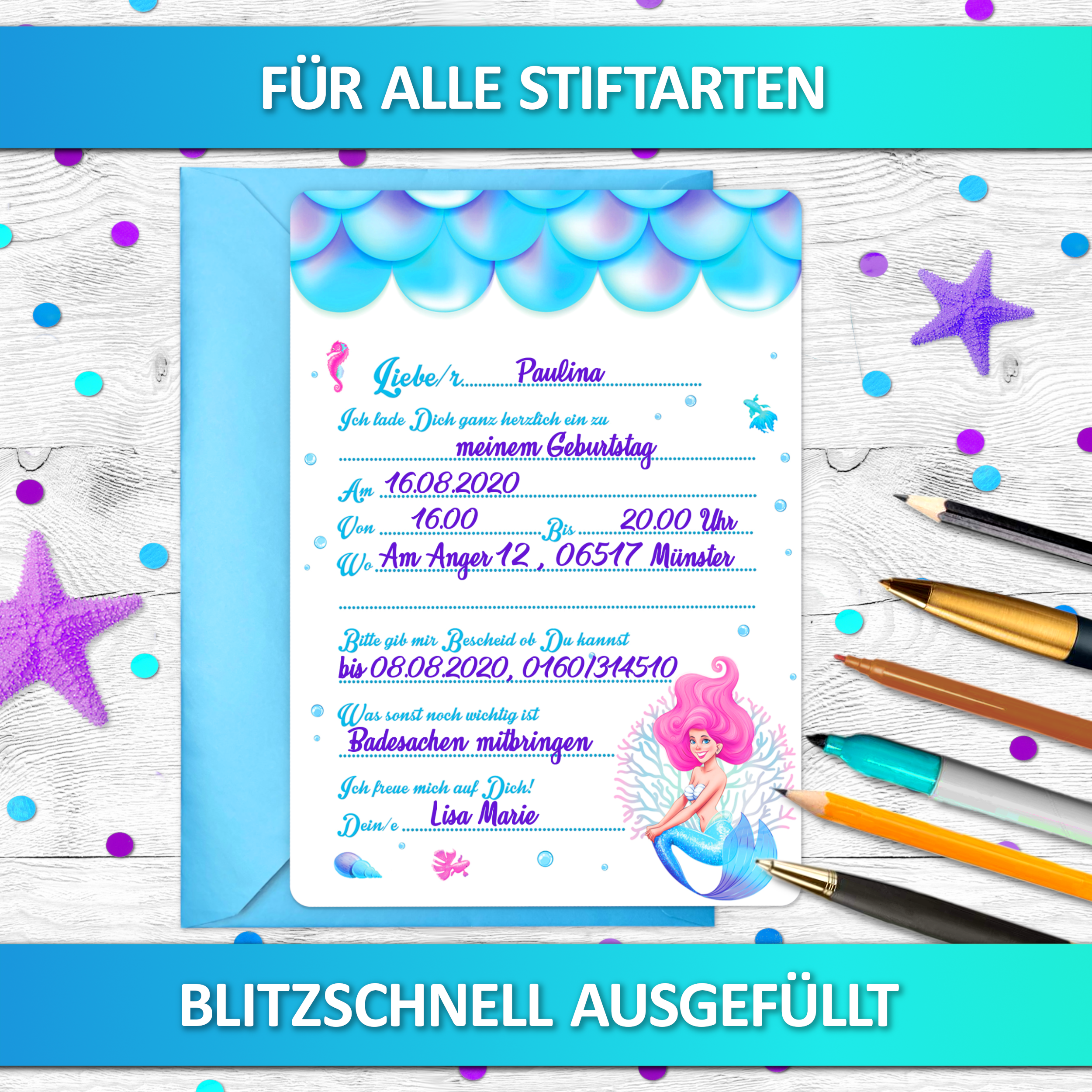 Meerjungfrauen Einladungskarten mit Text | Vulava®