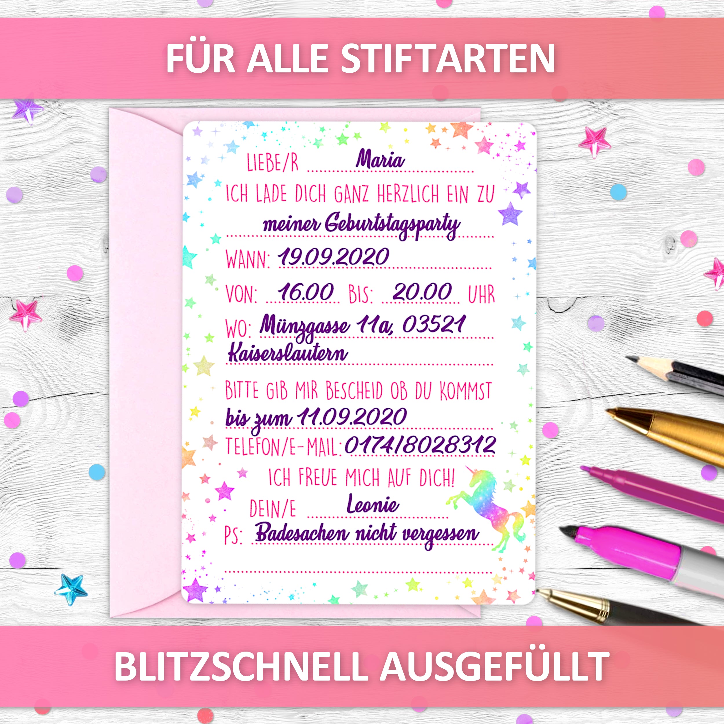 Glitzer Einhorn Einladungskarten | Vulava®