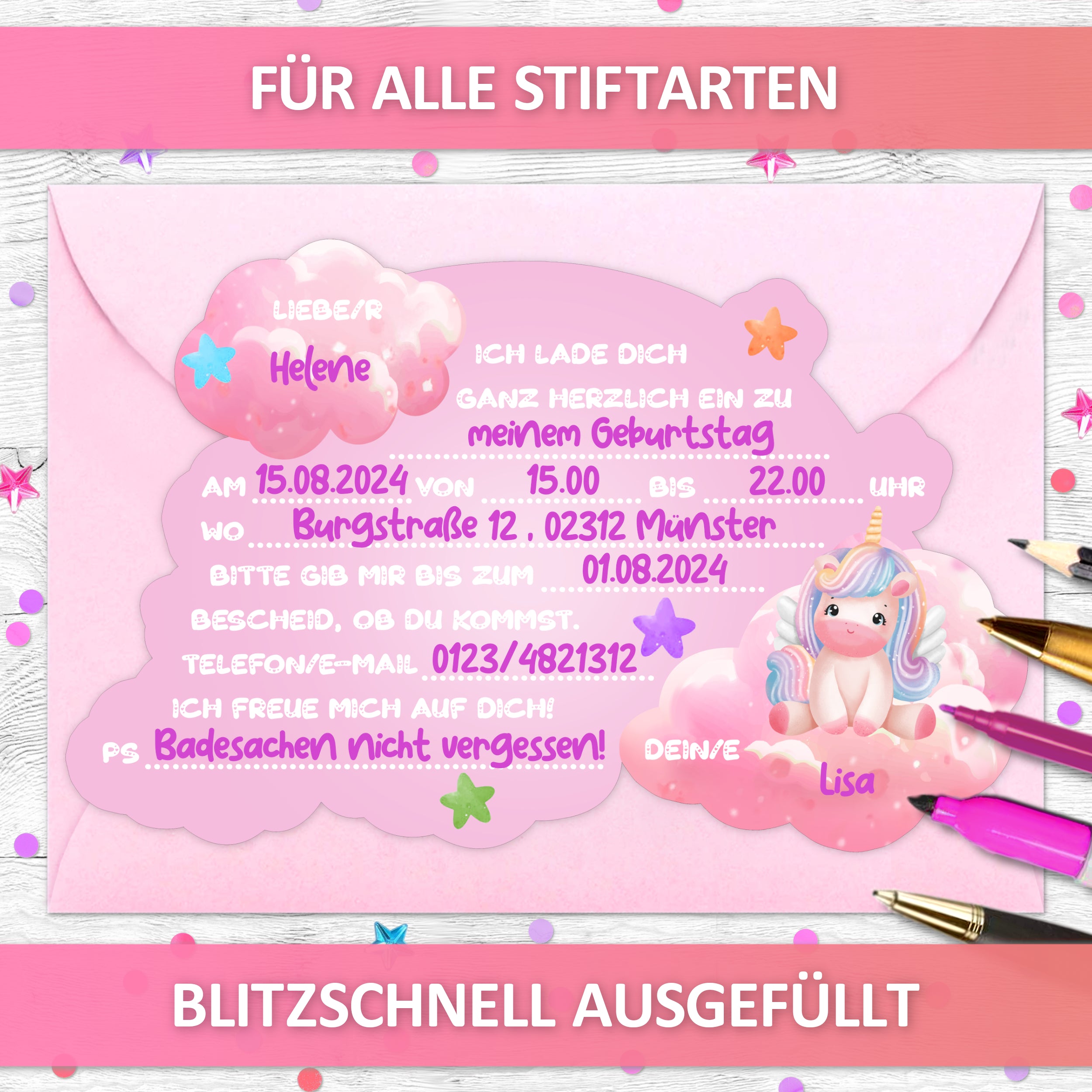 Regenbogen Einhorn Einladungskarten | Vulava®