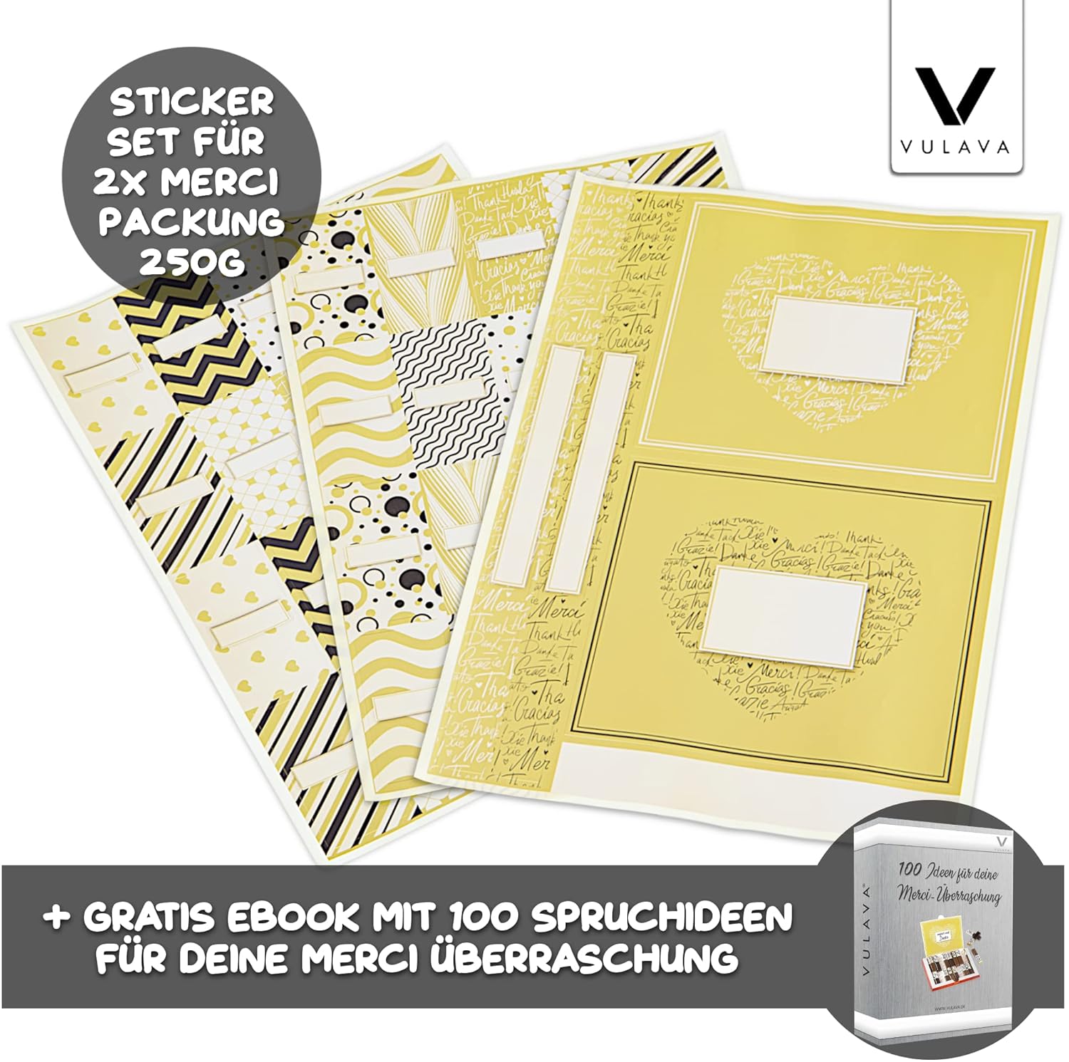 Aufkleber-Set für 2x MERCI SCHOKOLADE 250g + Online Handbuch mit 100 Ideen