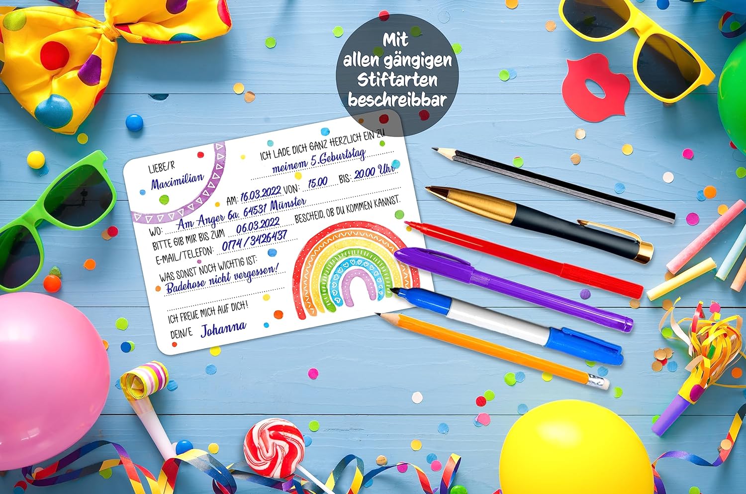 Regenbogen Einladungskarten für Kindergeburtstage 12x