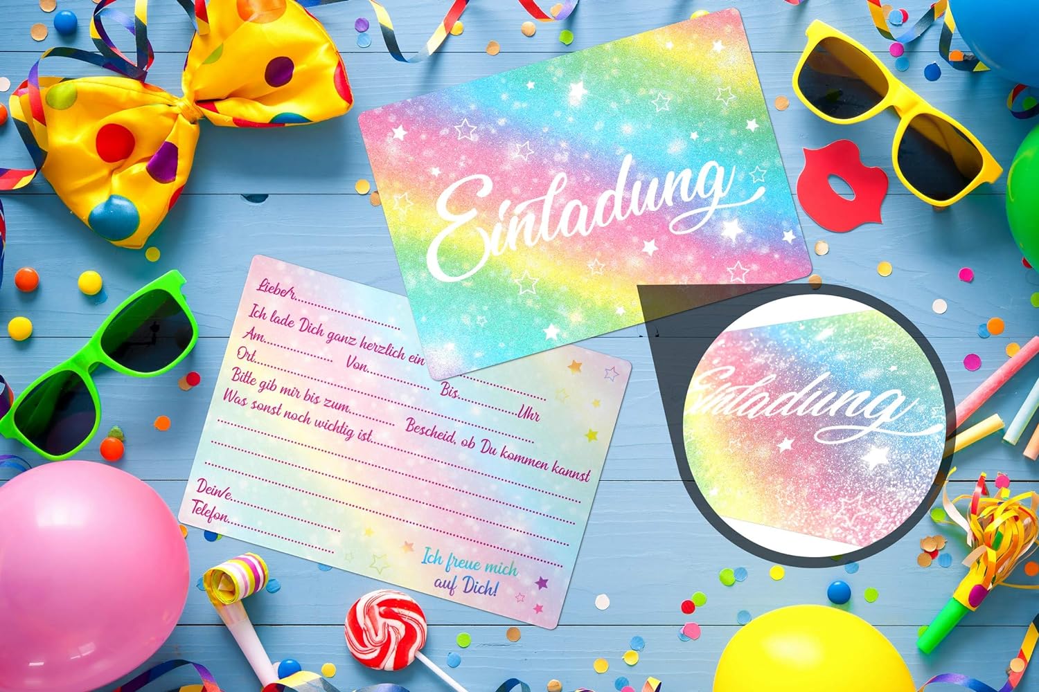 Regenbogen Geburtstag - Einladungskarte Glitzer 12x