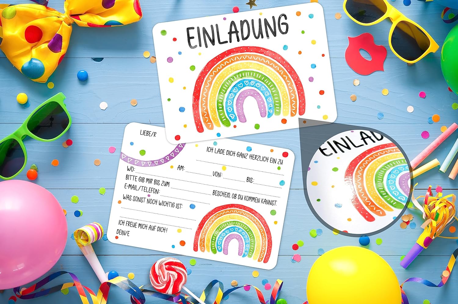 Regenbogen Einladungskarten für Kindergeburtstage 12x