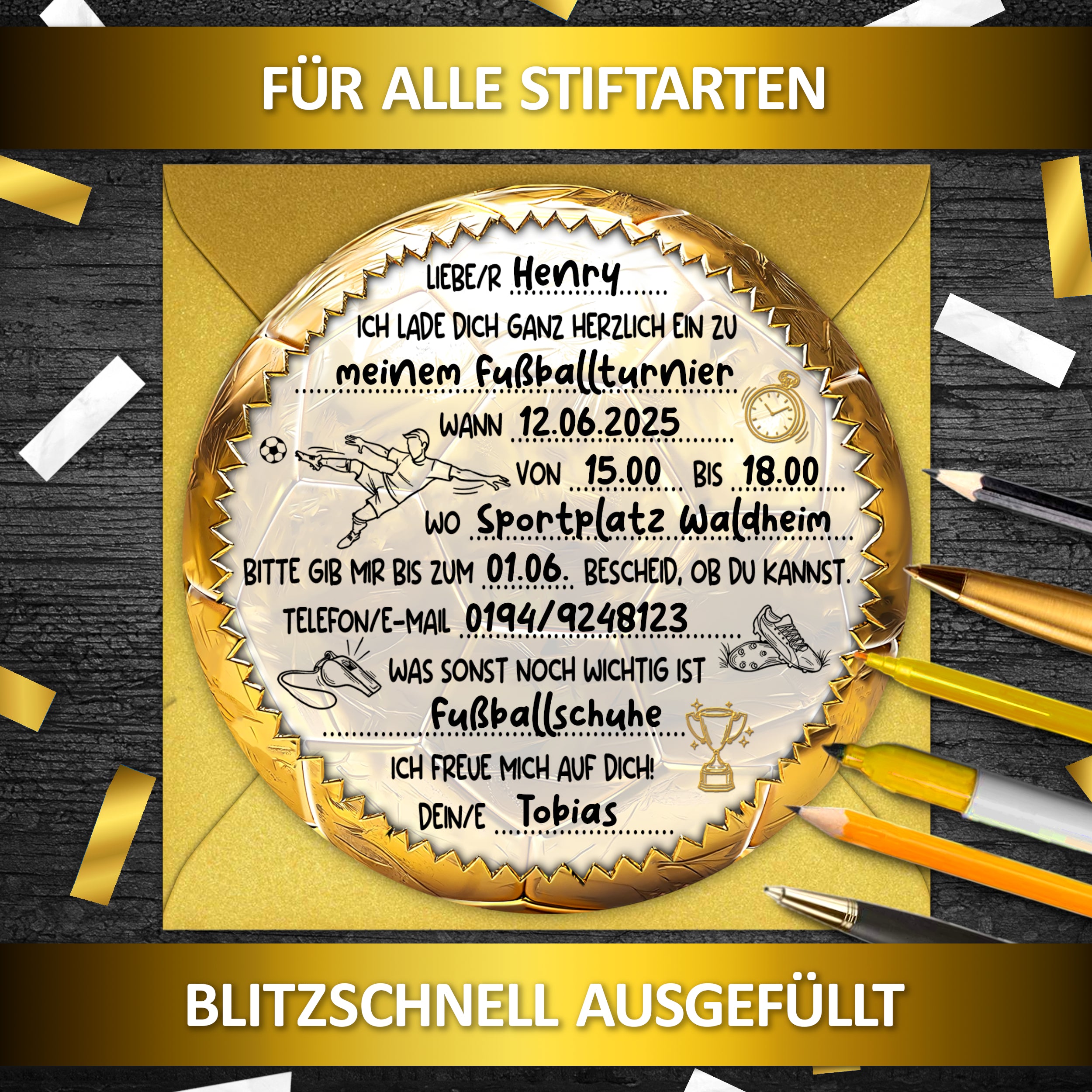 Fußball Gold Einladungskarten